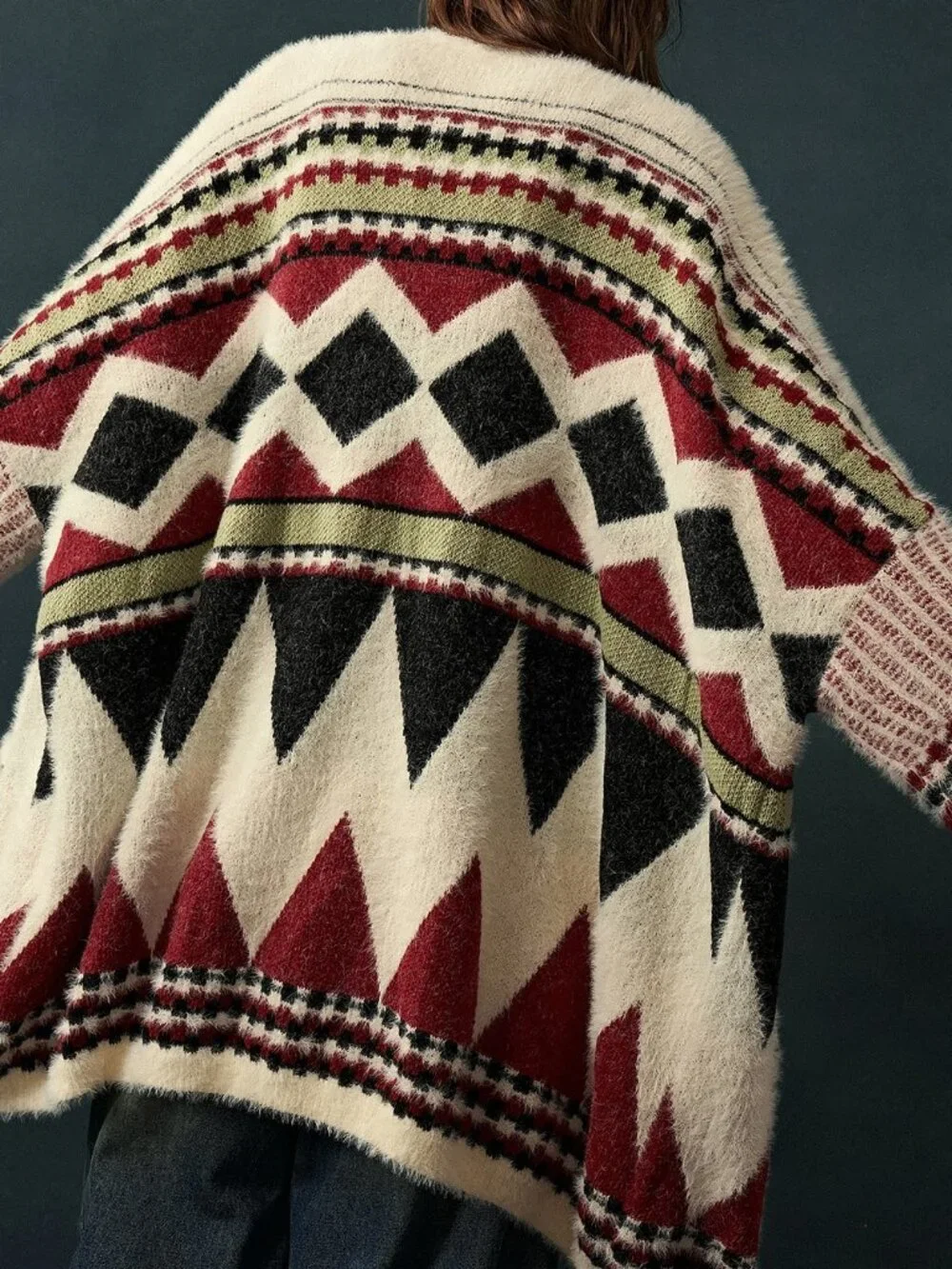Multicolor Casual Women's Geometric Drop Shoulder Rib-Knit Cardigan